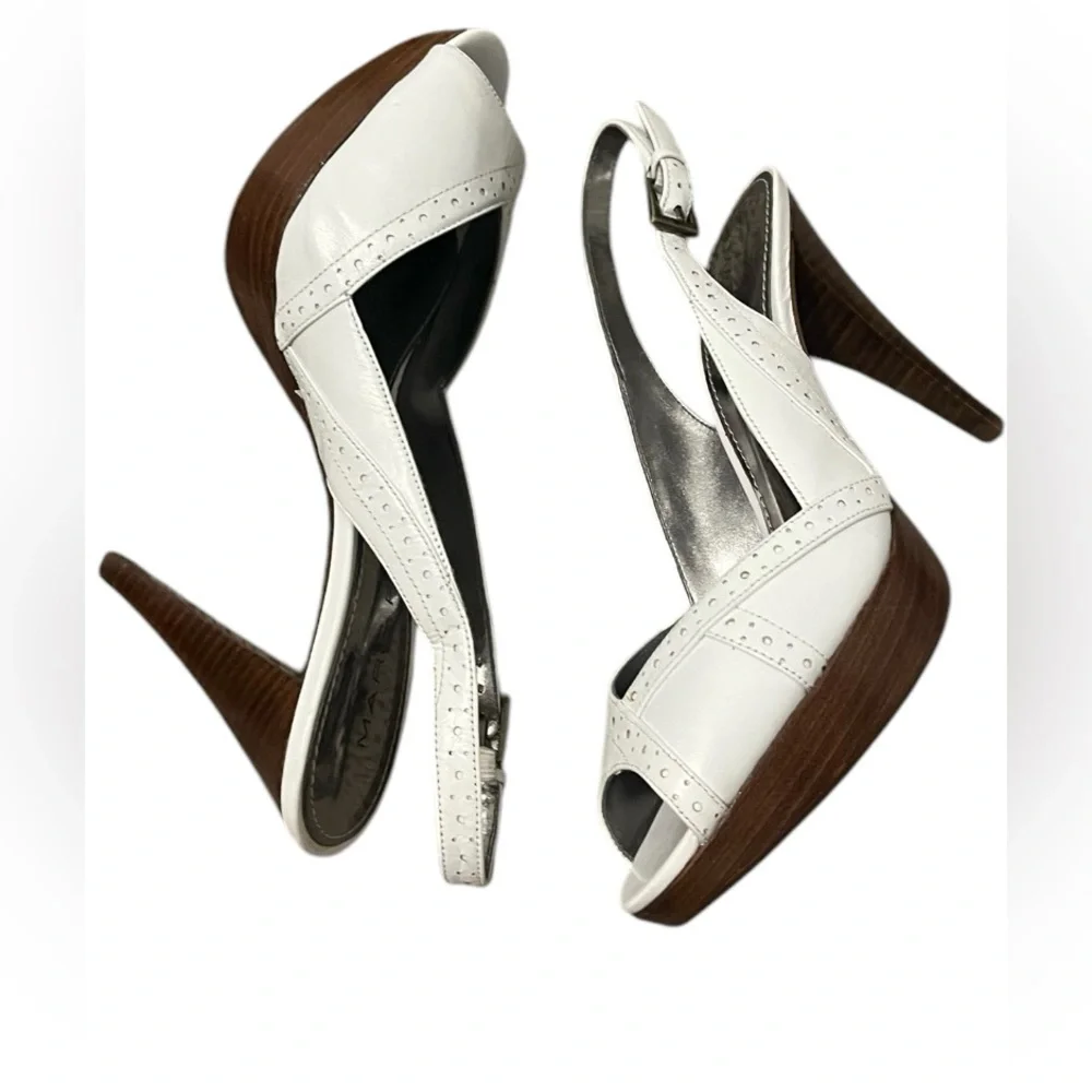 Marc Fisher women’s 6.5 open toe white spiked 4” heels with ankle straps